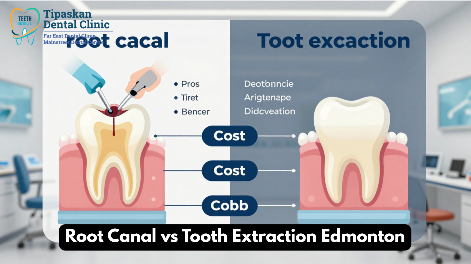 Dentist explaining root canal and tooth extraction treatment options to a patient in Edmonton